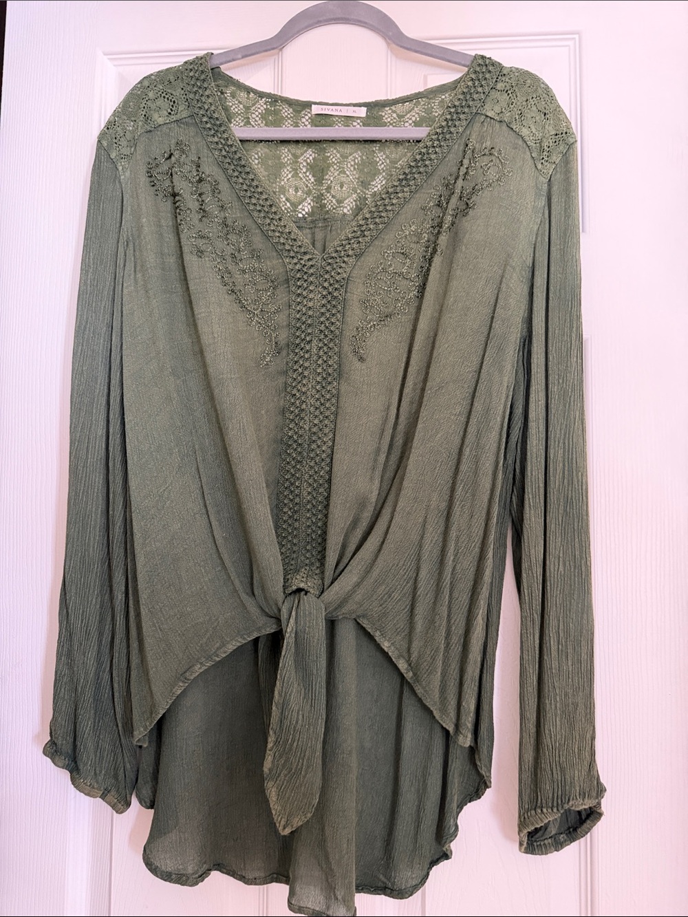 Sivana Olive Green Embroidered Tie-Front Tunic Top